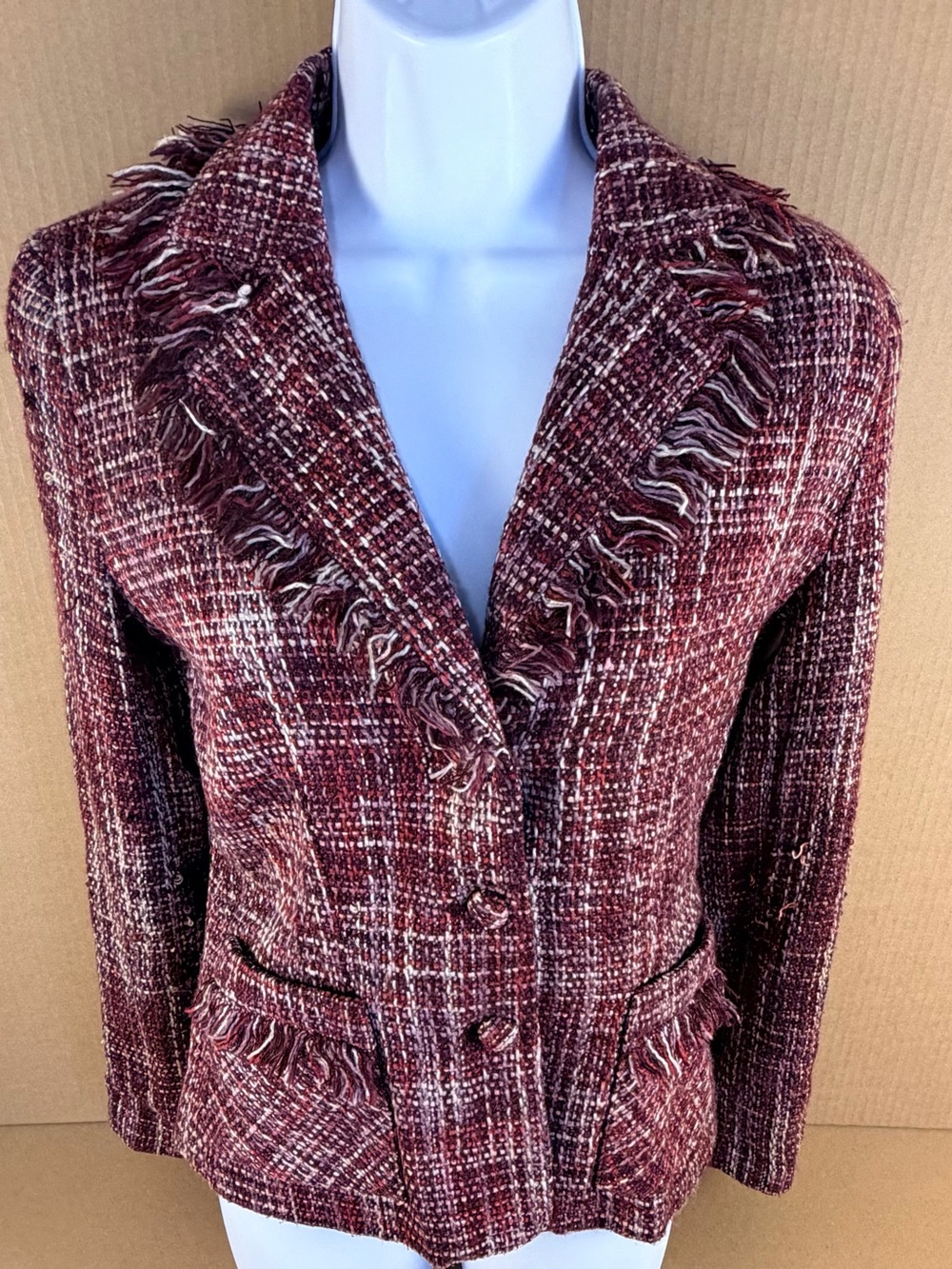 Burgundy Fringe Jacket Blazer Size Small Boom Boom Jeans Wear Multi Color Design